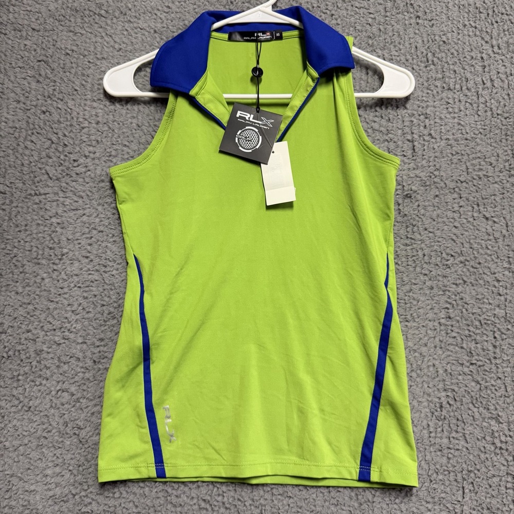 NWT RLX Ralph Lauren Golf Women's XS Sleeveless Polo Top Neon Green Blue